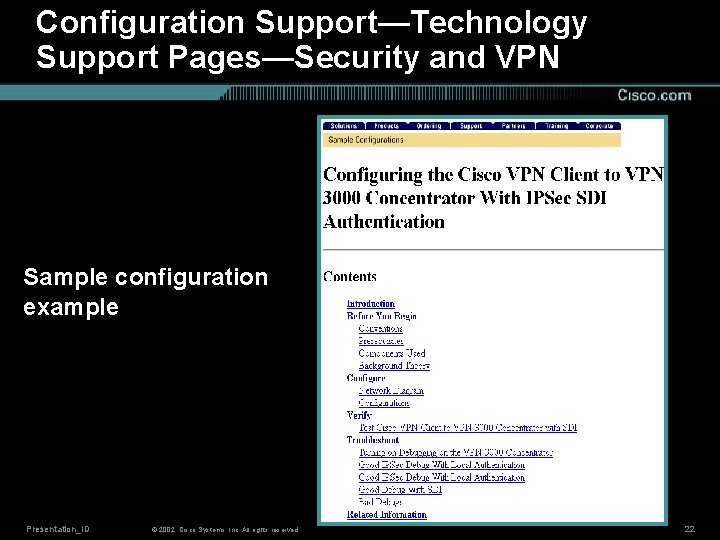 Configuration Support—Technology Support Pages—Security and VPN Sample configuration example Presentation_ID © 2002, Cisco Systems,