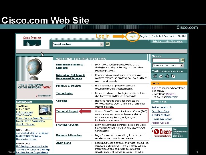 Cisco. com Web Site Log in Presentation_ID © 2002, Cisco Systems, Inc. All rights
