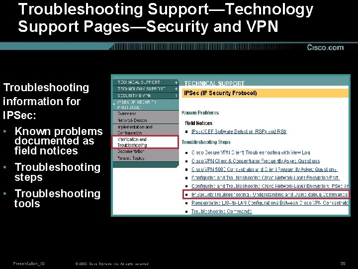 Troubleshooting Support—Technology Support Pages—Security and VPN Troubleshooting information for IPSec: • Known problems documented