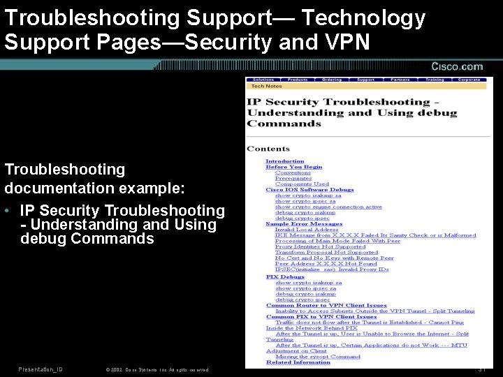Troubleshooting Support— Technology Support Pages—Security and VPN Troubleshooting documentation example: • IP Security Troubleshooting