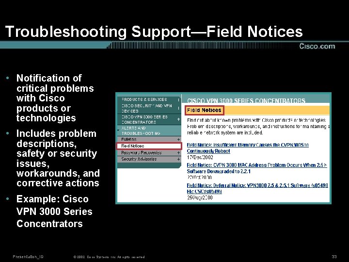 Troubleshooting Support—Field Notices • Notification of critical problems with Cisco products or technologies •