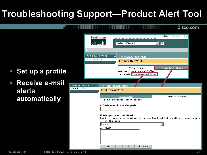 Troubleshooting Support—Product Alert Tool • Set up a profile • Receive e-mail alerts automatically