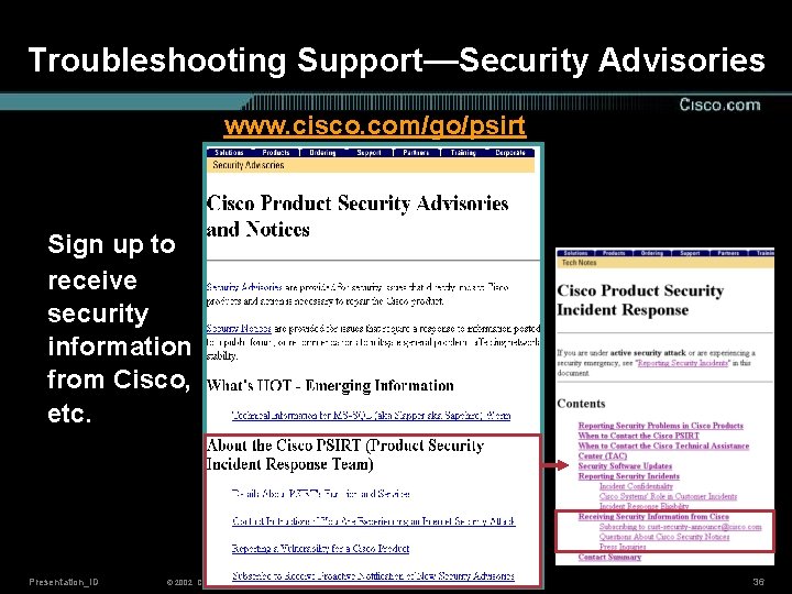 Troubleshooting Support—Security Advisories www. cisco. com/go/psirt Sign up to receive security information from Cisco,