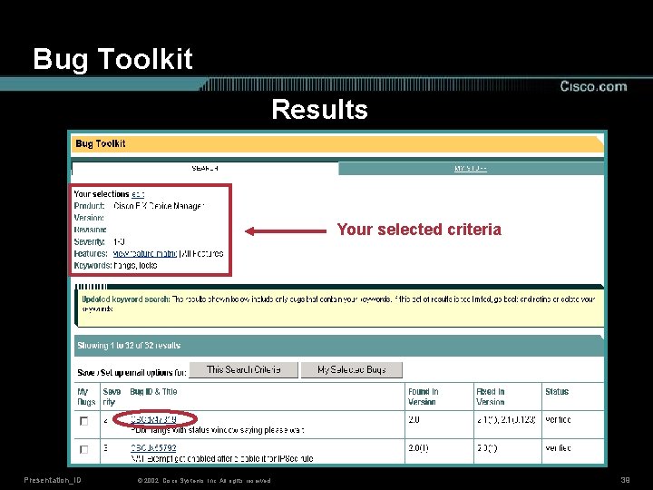 Bug Toolkit Results Your selected criteria Presentation_ID © 2002, Cisco Systems, Inc. All rights