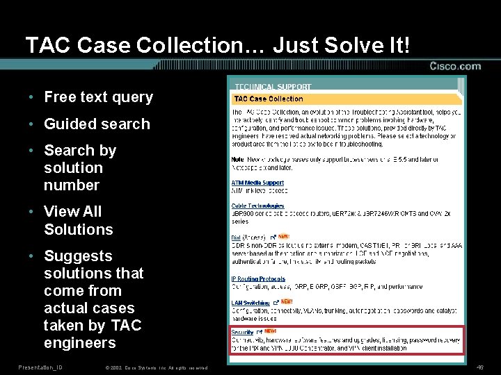 TAC Case Collection… Just Solve It! • Free text query • Guided search •