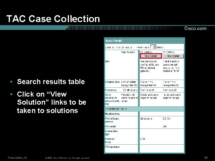 TAC Case Collection • Search results table • Click on “View Solution” links to