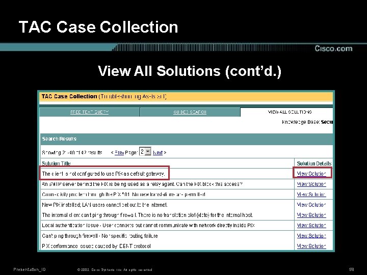 TAC Case Collection View All Solutions (cont’d. ) Presentation_ID © 2002, Cisco Systems, Inc.