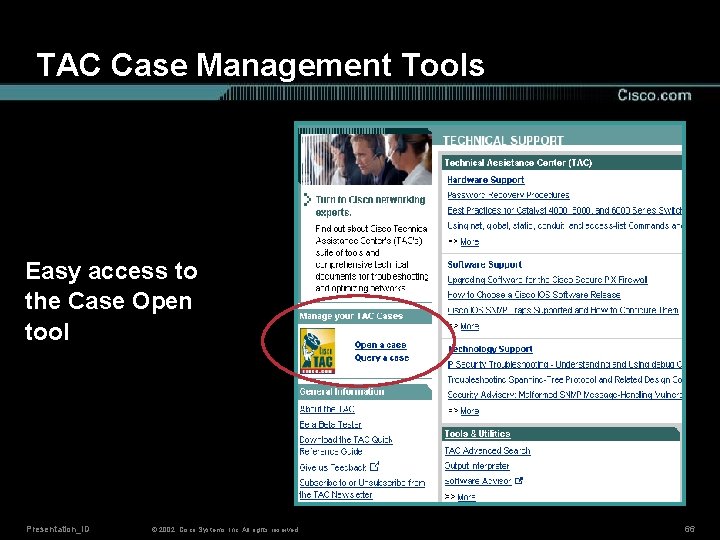 TAC Case Management Tools Easy access to the Case Open tool Presentation_ID © 2002,