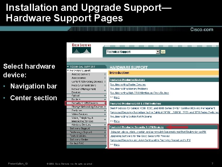 Installation and Upgrade Support— Hardware Support Pages Select hardware device: • Navigation bar •
