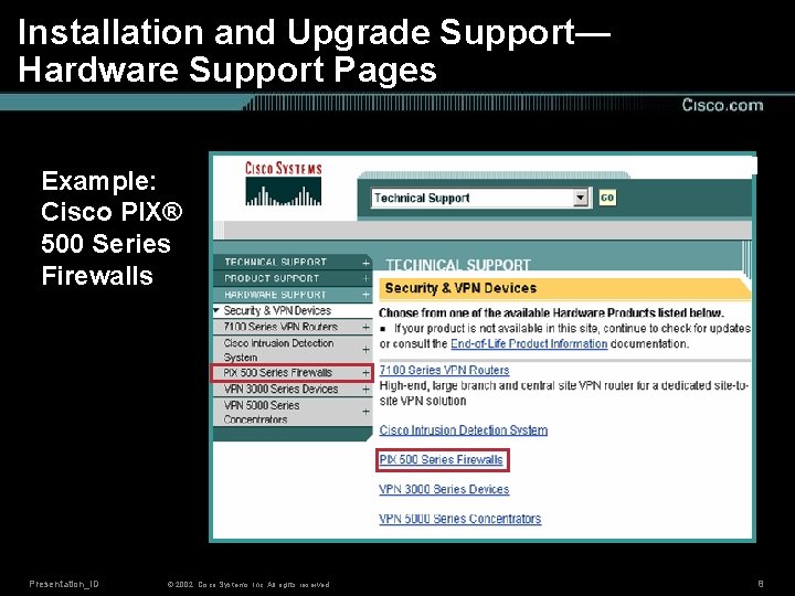 Installation and Upgrade Support— Hardware Support Pages Example: Cisco PIX® 500 Series Firewalls Presentation_ID
