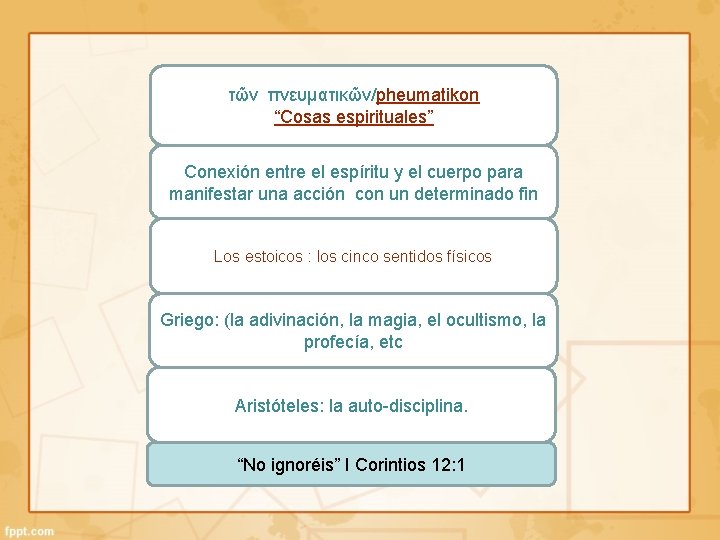 τῶν πνευματικῶν/pheumatikon “Cosas espirituales” Conexión entre el espíritu y el cuerpo para manifestar una