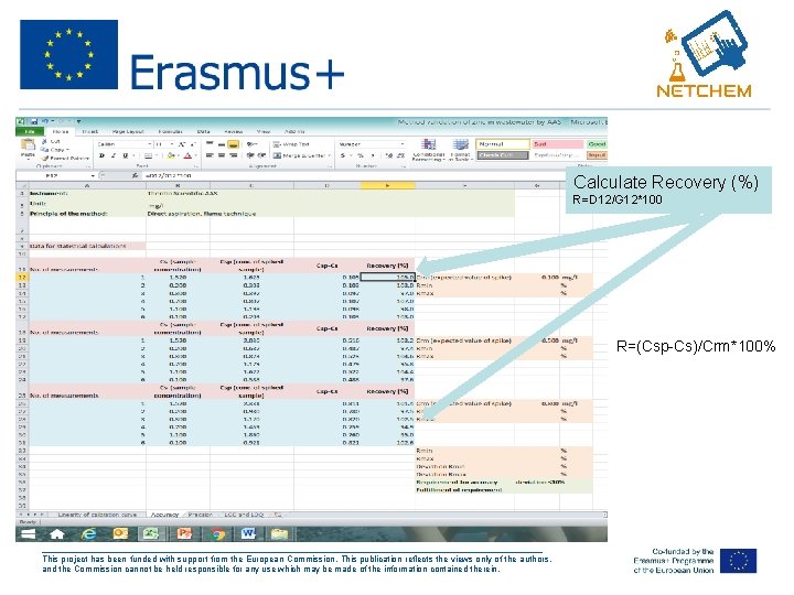 Calculate Recovery (%) R=D 12/G 12*100 R=(Csp-Cs)/Crm*100% ___________________________________________________ This project has been funded with