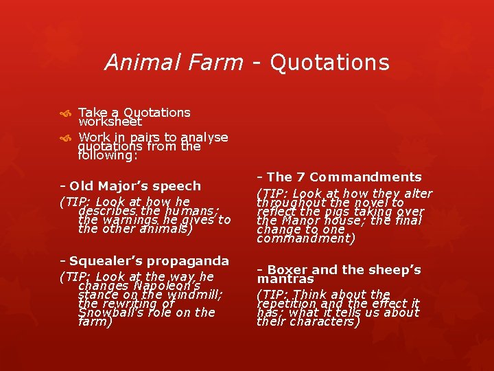 Animal Farm - Quotations Take a Quotations worksheet Work in pairs to analyse quotations