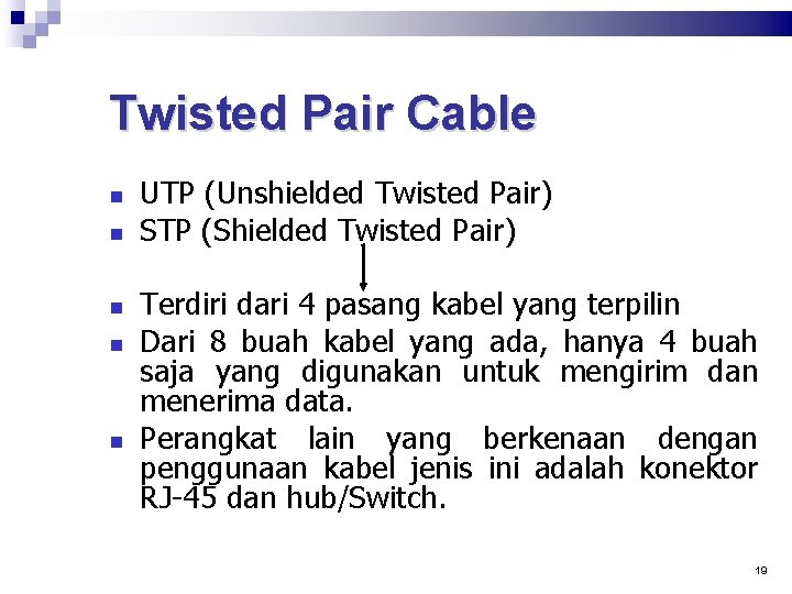 Twisted Pair Cable UTP (Unshielded Twisted Pair) STP (Shielded Twisted Pair) Terdiri dari 4