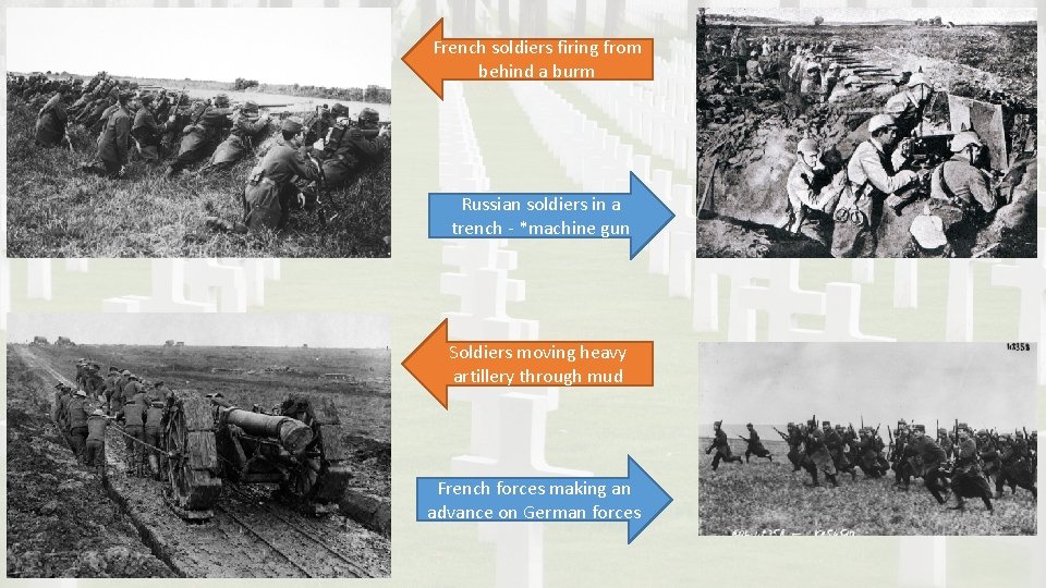 French soldiers firing from behind a burm Russian soldiers in a trench - *machine