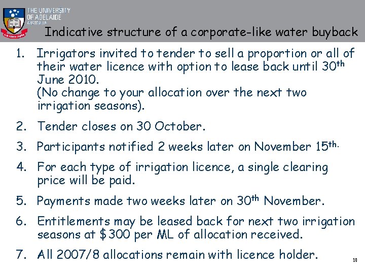 Indicative structure of a corporate-like water buyback 1. Irrigators invited to tender to sell