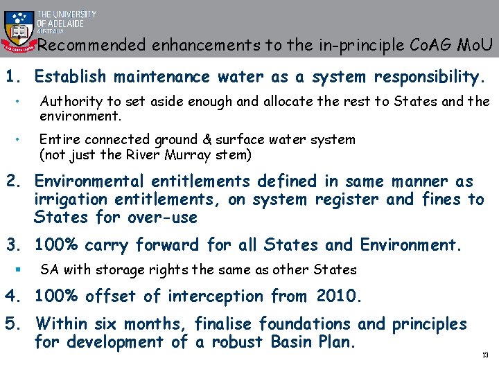 Recommended enhancements to the in-principle Co. AG Mo. U 1. Establish maintenance water as