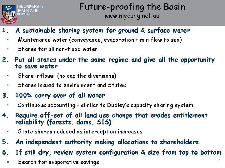 Future-proofing the Basin www. myoung. net. au 1. A sustainable sharing system for ground