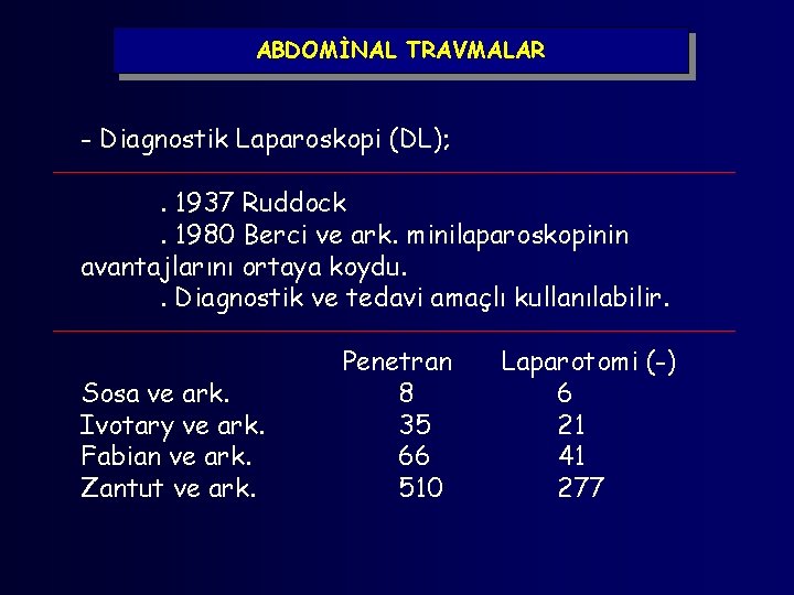 ABDOMİNAL TRAVMALAR - Diagnostik Laparoskopi (DL); . 1937 Ruddock. 1980 Berci ve ark. minilaparoskopinin