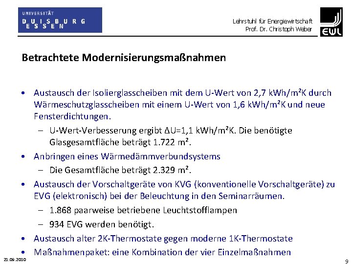 Lehrstuhl für Energiewirtschaft Prof. Dr. Christoph Weber Betrachtete Modernisierungsmaßnahmen • Austausch der Isolierglasscheiben mit