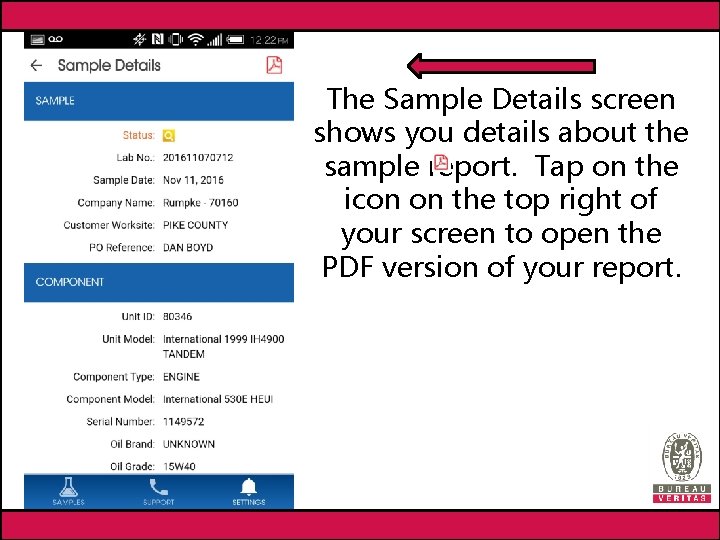 The Sample Details screen shows you details about the sample report. Tap on the