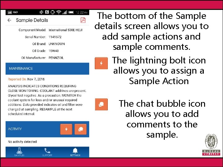 The bottom of the Sample details screen allows you to add sample actions and