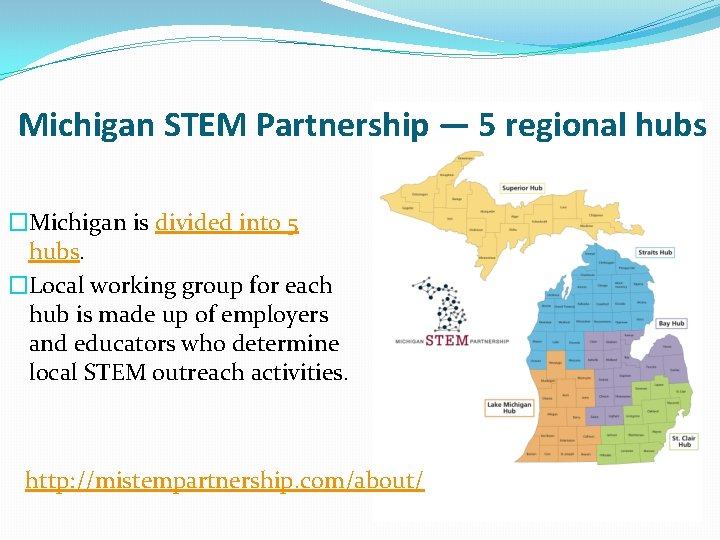Michigan STEM Partnership — 5 regional hubs �Michigan is divided into 5 hubs. �Local