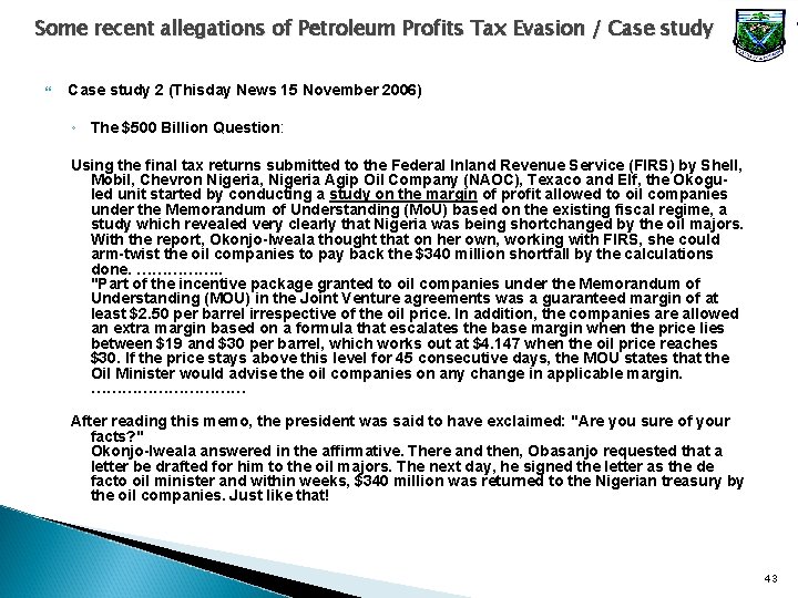 Some recent allegations of Petroleum Profits Tax Evasion / Case study 2 (Thisday News