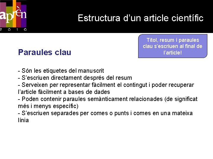 Estructura d’un article científic Paraules clau Títol, resum i paraules clau s’escriuen al final