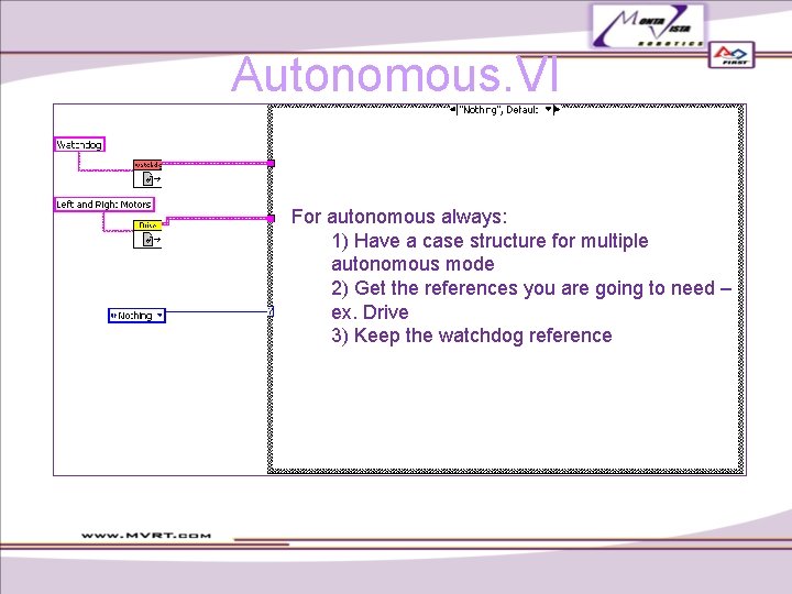 Autonomous. VI For autonomous always: 1) Have a case structure for multiple autonomous mode Autonomous. VI For autonomous always: 1) Have a case structure for multiple autonomous mode