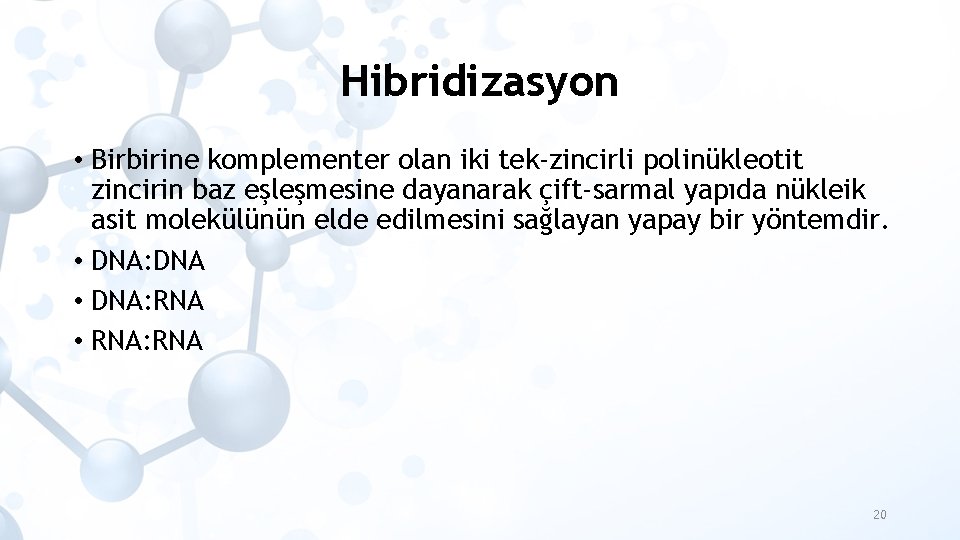 Hibridizasyon • Birbirine komplementer olan iki tek-zincirli polinükleotit zincirin baz eşleşmesine dayanarak çift-sarmal yapıda