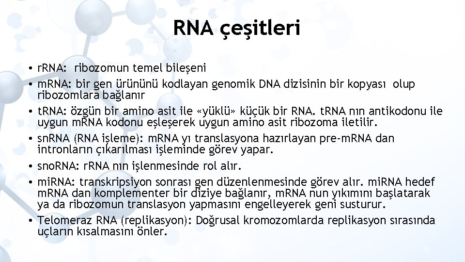 RNA çeşitleri • r. RNA: ribozomun temel bileşeni • m. RNA: bir gen ürününü