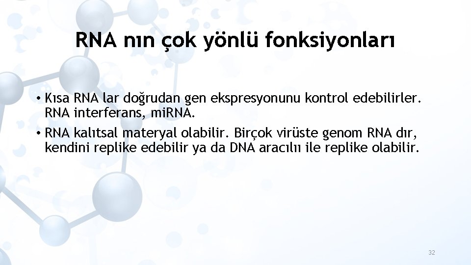 RNA nın çok yönlü fonksiyonları • Kısa RNA lar doğrudan gen ekspresyonunu kontrol edebilirler.