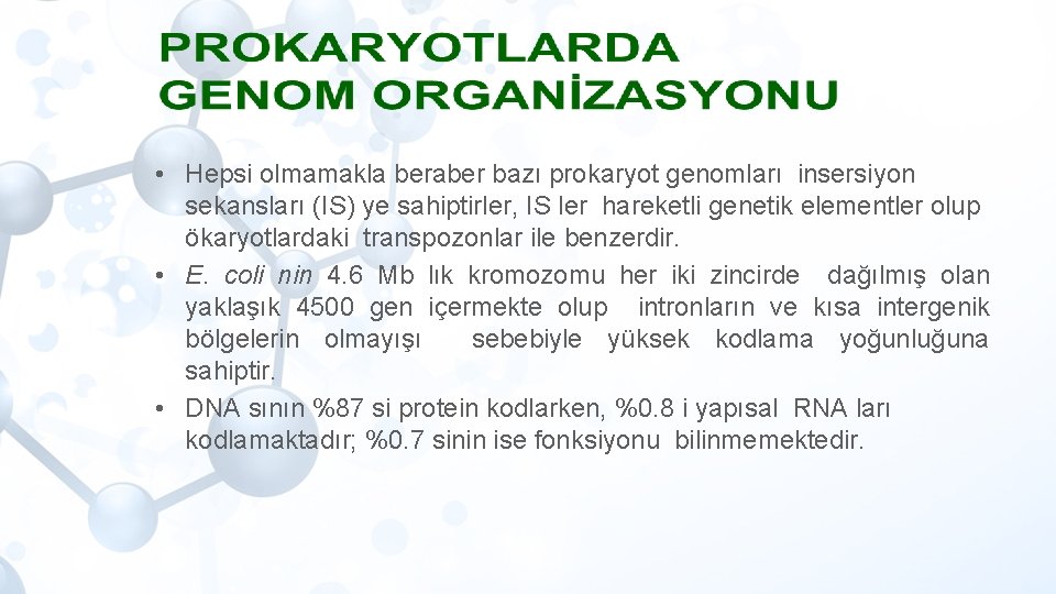  • Hepsi olmamakla beraber bazı prokaryot genomları insersiyon sekansları (IS) ye sahiptirler, IS