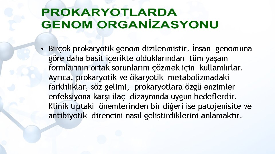  • Birçok prokaryotik genom dizilenmiştir. İnsan genomuna göre daha basit içerikte olduklarından tüm