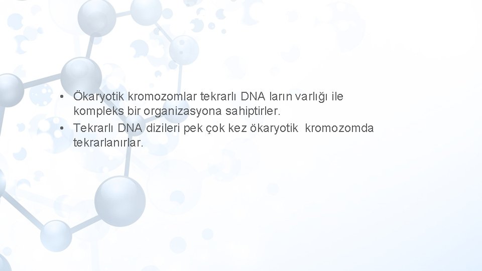  • Ökaryotik kromozomlar tekrarlı DNA ların varlığı ile kompleks bir organizasyona sahiptirler. •