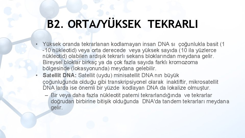 B 2. ORTA/YÜKSEK TEKRARLI • Yüksek oranda tekrarlanan kodlamayan insan DNA sı çoğunlukla basit