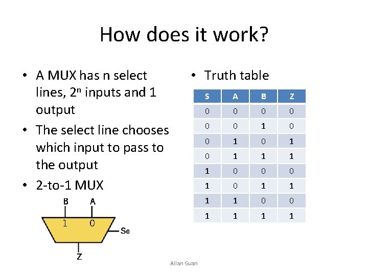 How does it work? • A MUX has n select lines, 2 n inputs