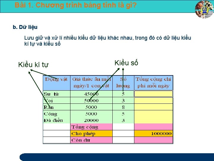 Bài 1. Chương trình bảng tính là gì? b. Dữ liệu Lưu giữ và