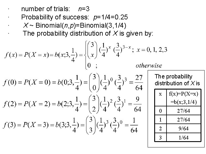 · · number of trials: n=3 Probability of success: p=1/4=0. 25 X ~ Binomial(n,