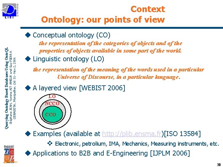 Context Ontology: our points of view Stéphane JEAN, Yamine AIT AMEUR and Guy PIERRA