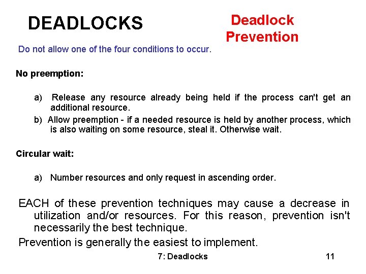DEADLOCKS Do not allow one of the four conditions to occur. Deadlock Prevention No