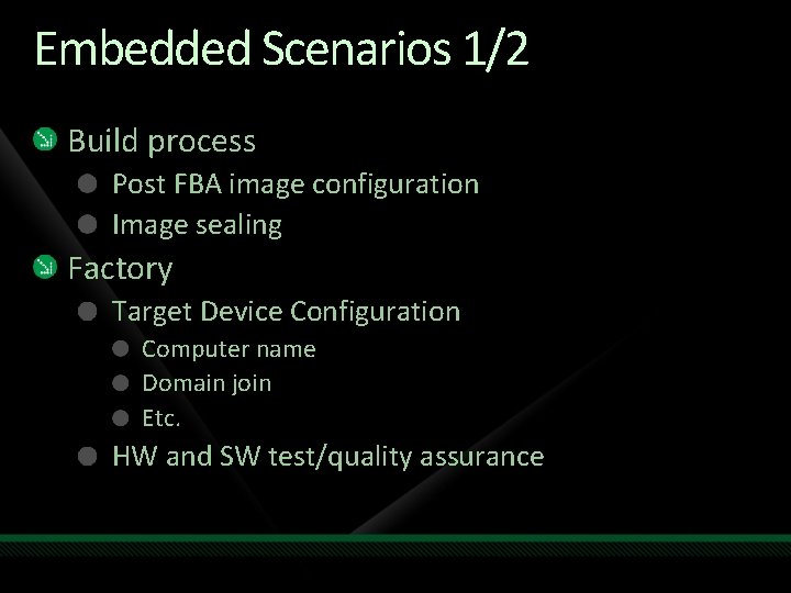 Embedded Scenarios 1/2 Build process Post FBA image configuration Image sealing Factory Target Device