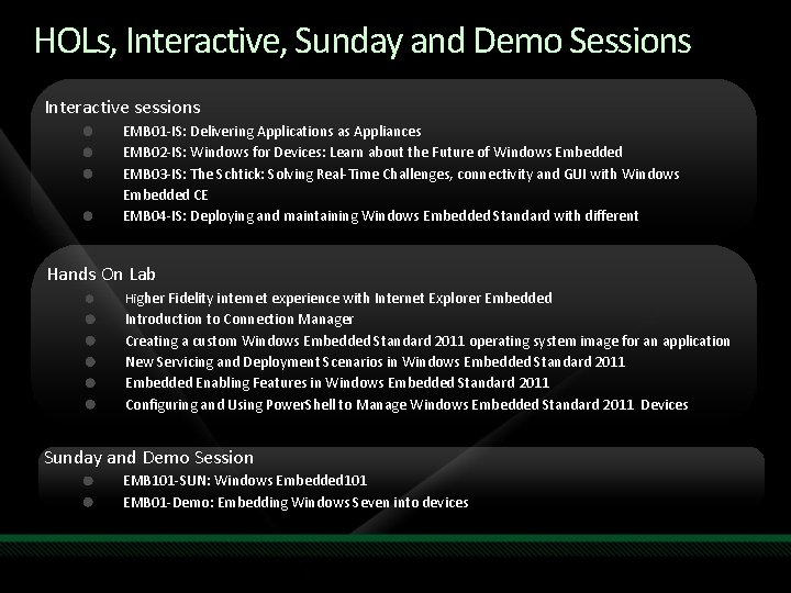 HOLs, Interactive, Sunday and Demo Sessions Interactive sessions EMB 01 -IS: Delivering Applications as
