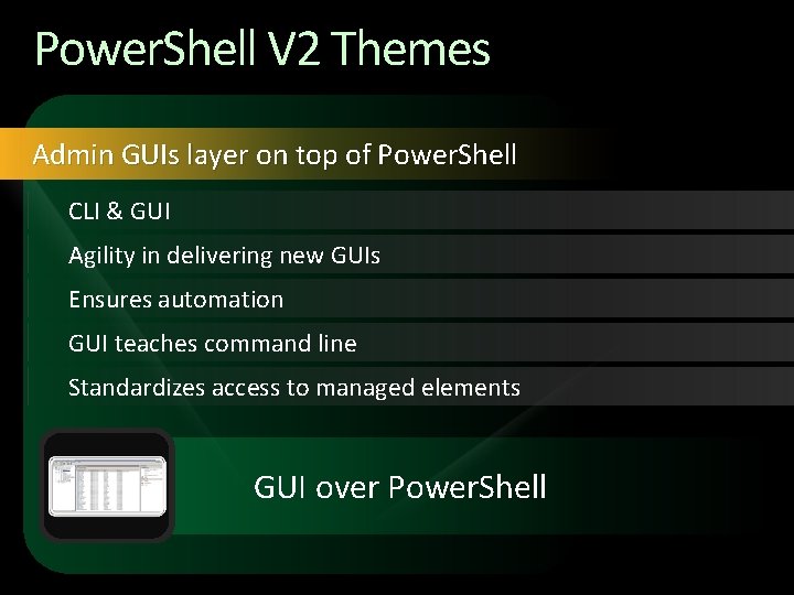 Power. Shell V 2 Themes Admin GUIs layer on top of Power. Shell CLI