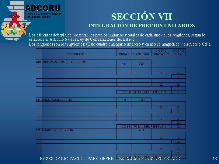 SECCIÓN VII INTEGRACIÓN DE PRECIOS UNITARIOS Los oferentes deberán de presentar los precios unitarios