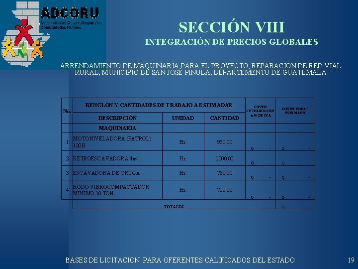 SECCIÓN VIII INTEGRACIÓN DE PRECIOS GLOBALES ARRENDAMIENTO DE MAQUINARIA, PARA EL PROYECTO, REPARACION DE