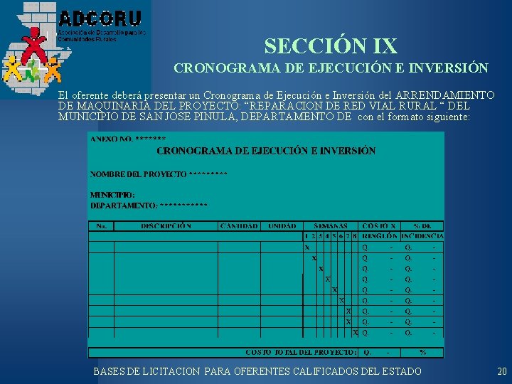 SECCIÓN IX CRONOGRAMA DE EJECUCIÓN E INVERSIÓN El oferente deberá presentar un Cronograma de