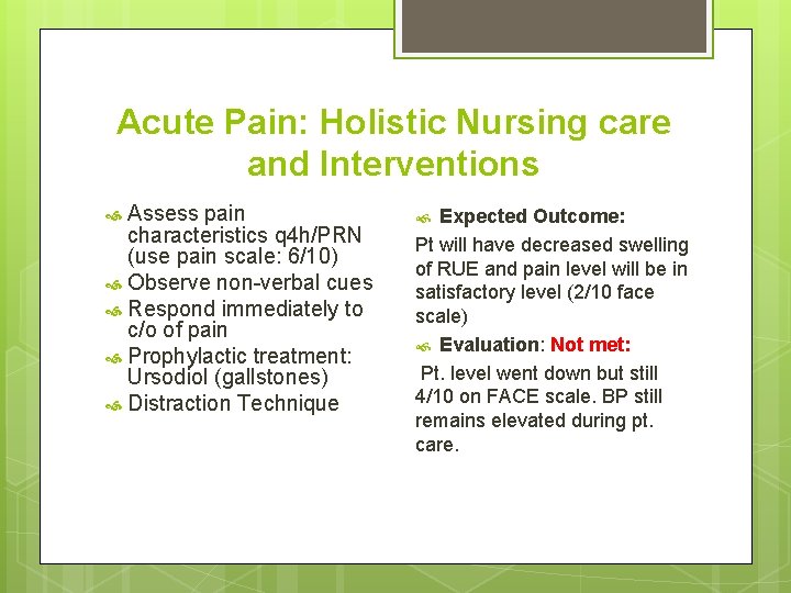 Acute Pain: Holistic Nursing care and Interventions Assess pain characteristics q 4 h/PRN (use