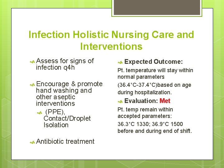 Infection Holistic Nursing Care and Interventions Assess for signs of infection q 4 h